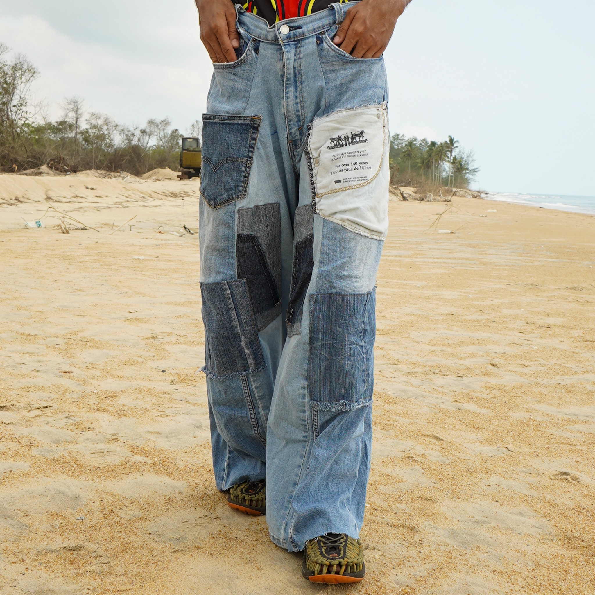 33 Waist, 1990s Vintage Upcycled Patchwork Jeans Denim Distressed 