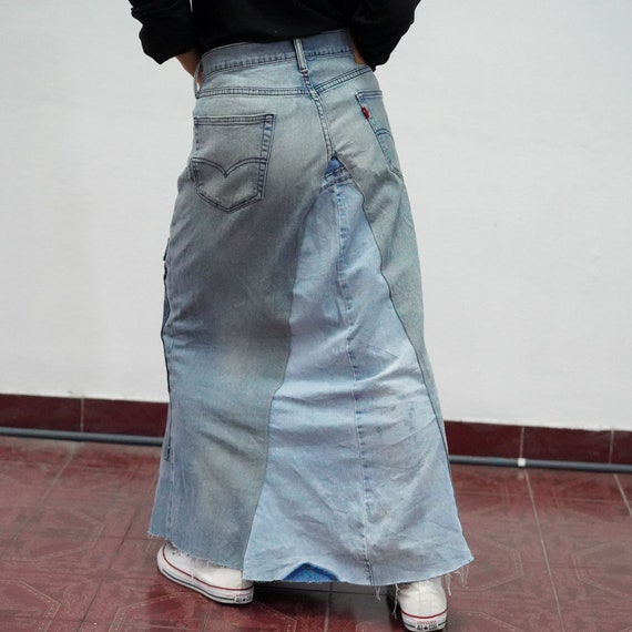Upcycled Patchwork Denim Skirt – Ripped Asymmetri… - image 5
