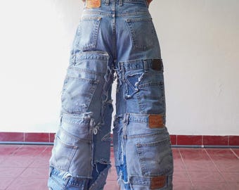 Upcycled Patchwork Wide-Leg Jeans: Vintage Handsewn Denim, 32" Waist