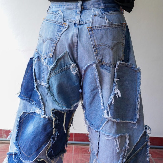 パンツ Destroy custom patch work denim .Y2K Frayed Patchwork Wide-leg Jeans – Upcycled 30-31