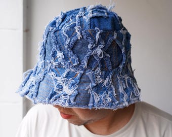 Upcycled Patchwork Denim Bucket Patch Hat: Handsewn Streetwear Vintage 90s Grunge Hipster Hat