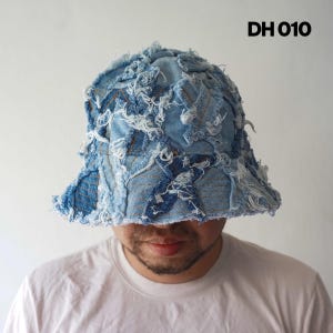 Upcycled Distressed Grunge Denim Bucket Hat, Ripped Blue Jeans Patchwork, 90s Handmade Streetwear – 65.5cm / 25.79in