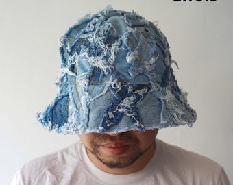 Upcycled Distressed Grunge Denim Bucket Hat, Ripped Blue Jeans Patchwork, 90s Handmade Streetwear – 65.5cm / 25.79in