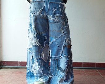 Pantalones vaqueros de mezclilla reciclada con patchwork, estilo Y2K, pantalones anchos y holgados, ropa urbana vintage hecha a mano, cintura 36".