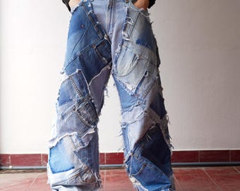 Upcycled Frayed Patchwork Jeans – 34" Waist Handmade Streetwear Pants, Layered Wide-Leg Denim, One-of-a-Kind Baggy Pocket Pants