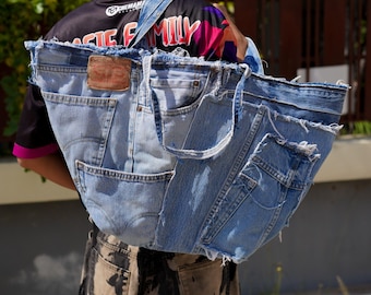 Upcycled Patchwork Jeans Tote Bag, Distressed Vintage Oversized Streetwear Style