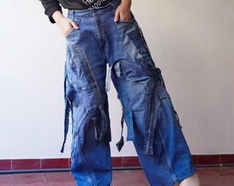 DARK FOG★Vintage patchwork ripped wide-leg jeans DF42 Charlee Wide Leg - Denim Patchwork – Driftwood Jeans