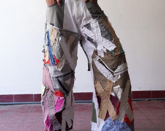 30-31" Waist Reworked Colorful Denim Patchwork Pants Handmade Upcycled Wide-Leg Streetwear Jeans Distressed Artwear