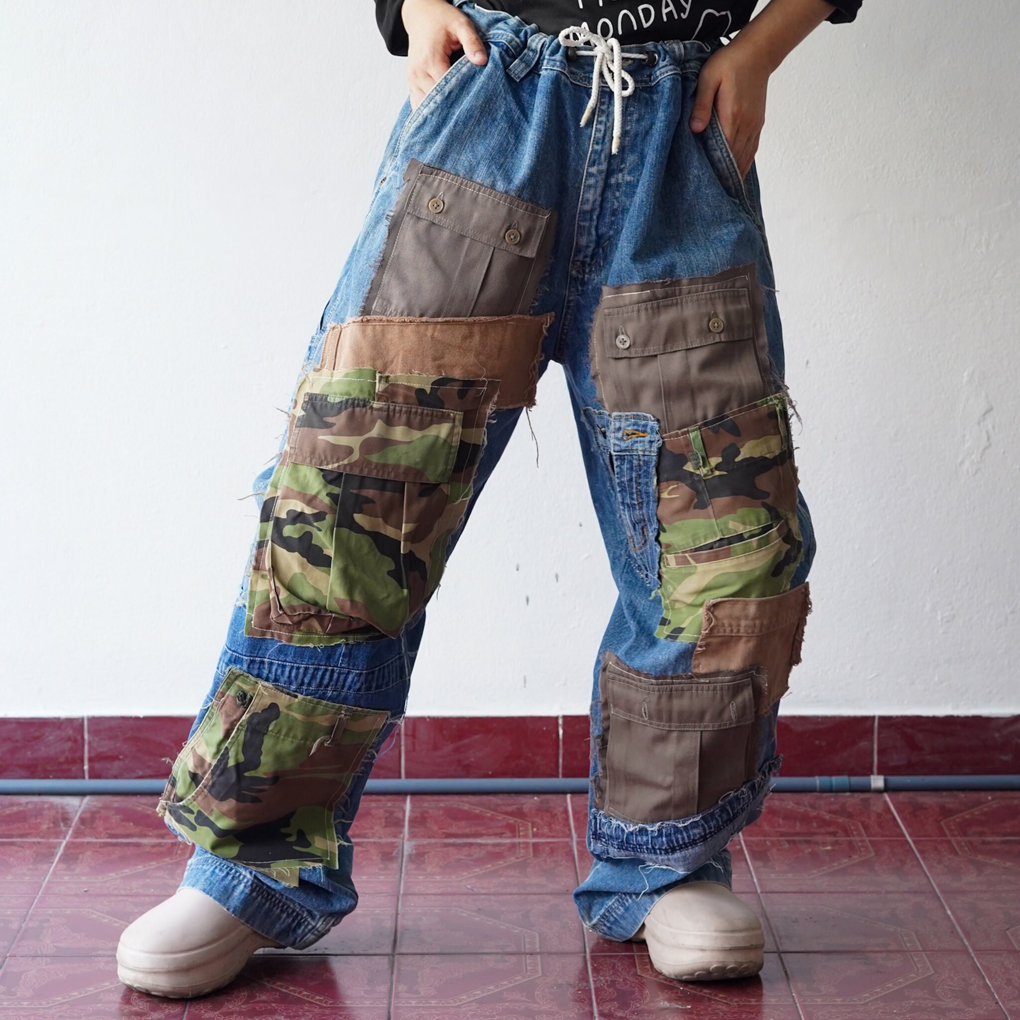 デニム・ジーパン [COLN] ties camouflage destroyed wide denim pants 36 Waist, Vintage 1990s Denim Jeans Pants Army Camouflage