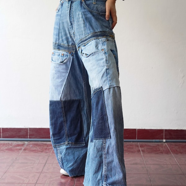 Taille de 26 po., jean patchwork recyclé vintage des années 1990, denim ample en détresse, jean de menuisier patchwork pour femme