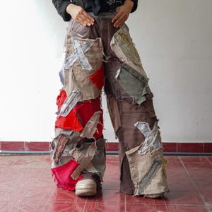Upcycled Patchwork Jeans – Colorful Graffiti Fringe Denim, Handmade Wide-Leg Streetwear Pants, Boho Vintage Festival Style 34" Waist