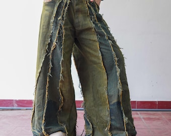 Calça jeans tie-dye com franjas e patchwork – Jeans reciclado de 89 cm com perna larga, calça hippie desgastada feita à mão, estilo grunge vintage para festivais