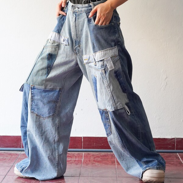 32" Waist, 1990s Vintage Upcycled Remake Handmade Patchwork Jeans Denim Distressed Loose Denim, Patchwork Carpenter Jeans for Men