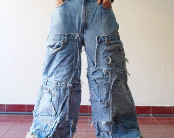 Upcycled Patchwork Wide-Leg Jeans: Vintage Handsewn Denim, 32" Waist