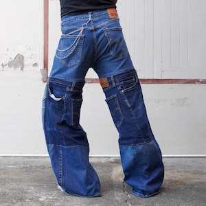 Upcycled Reworked Patchwork Jeans, Baggy Wide-Leg Denim Pants, Y2K Grunge Streetwear Waist 32"