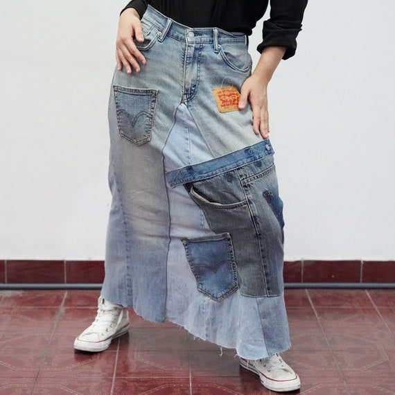 Upcycled Patchwork Denim Skirt – Ripped Asymmetri… - image 3