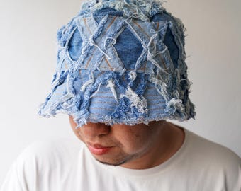 Upcycled Patchwork Denim Bucket Hat – Handmade Ripped Festival Cap, 90s Grunge Boho Streetwear