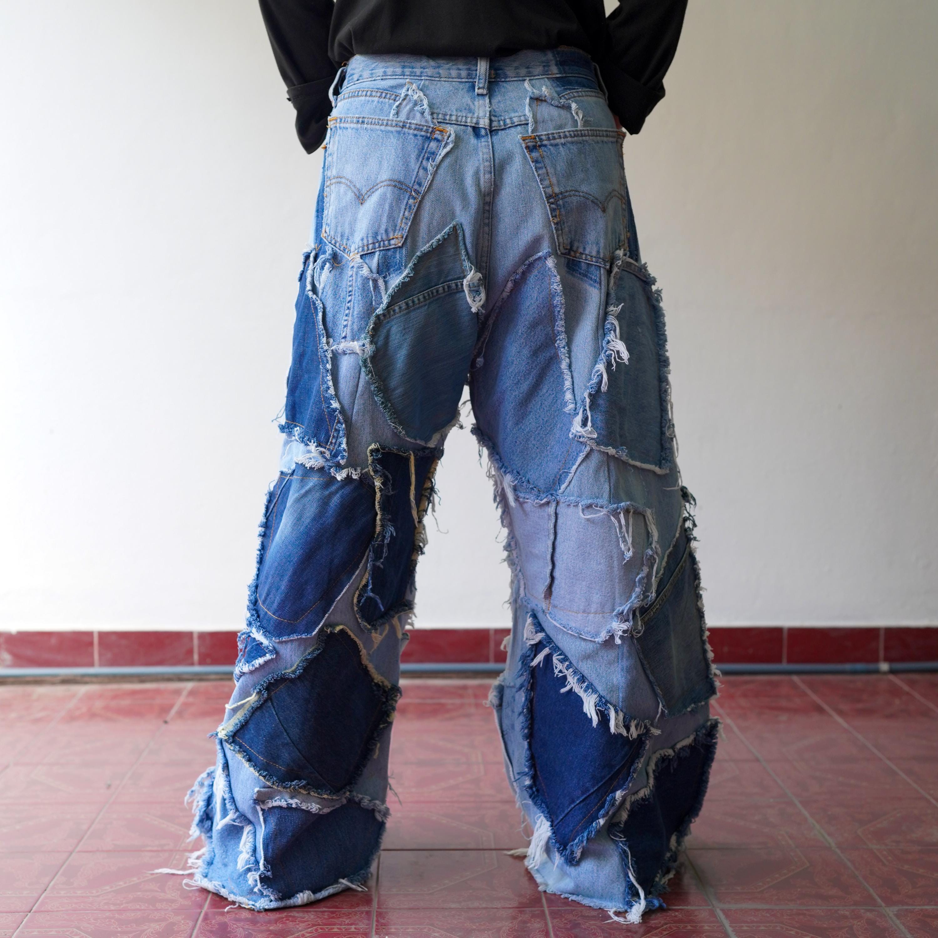 Frayed Patchwork Wide-leg Jeans – Upcycled 30-31