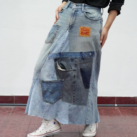 Upcycled Patchwork Denim Skirt – Ripped Asymmetri… - image 1
