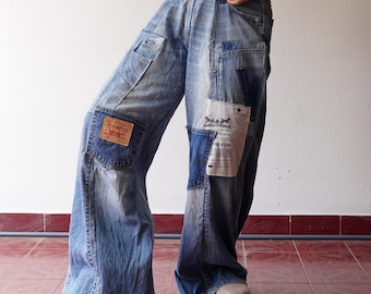 Upcycled 90s Wide Leg Denim Jeans: Reworked Patchwork Design (26" Waist)