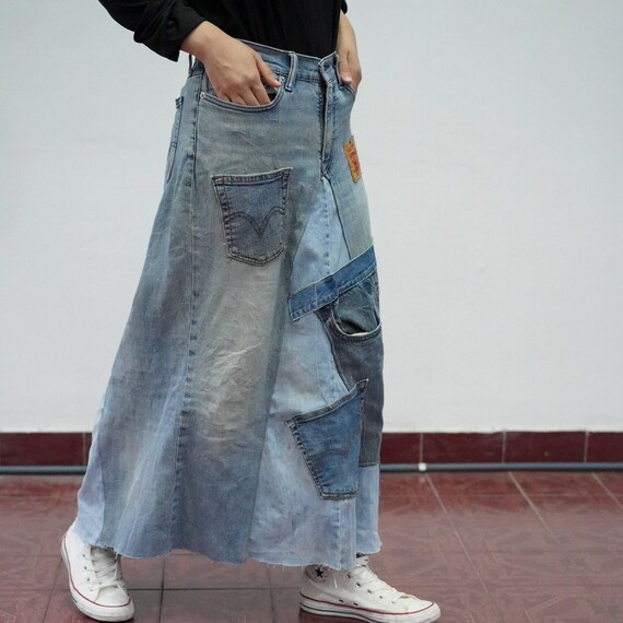 Upcycled Patchwork Denim Skirt – Ripped Asymmetri… - image 4