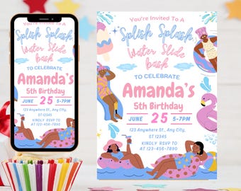 Invitación de cumpleaños editable "Splish Splash", invitación a fiesta en la piscina para niño, pelota de playa, invitación a fiesta en la piscina, fiesta de cumpleaños, descarga la plantilla imprimible