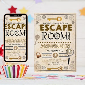 Bearbeitbare Escape Room Einladung, Mystery Birthday Party Einladen, Kids Escape Room Geburtstagsfeier, Detektiv Spieleabend.