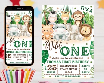 Safari Wild One invito di compleanno, invito per il 1° compleanno, invito per baby shower con animali da safari, invito per il 1° compleanno con animali da safari, download digitale