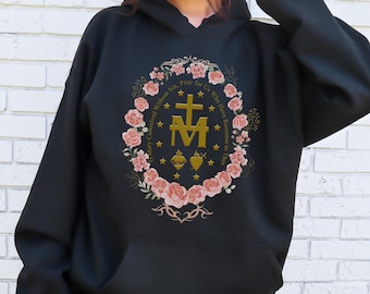 Felpa con cappuccio cattolica mariana Felpa con Vergine Maria Regali cattolici per le donne Maglione cattolico Maglietta con croce mariana Magliette religiose