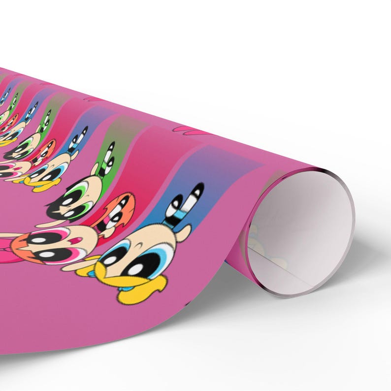 May include: Rolled-up pink wrapping paper featuring a repeating pattern of cartoon characters with large eyes and colorful outfits. The characters are arranged in a row, with each one slightly offset from the next, creating a sense of movement.