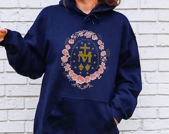 Felpa con cappuccio cattolica mariana Felpa con Vergine Maria Regali cattolici per le donne Maglione cattolico Maglietta con croce mariana Magliette religiose