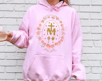 Felpa con cappuccio cattolica mariana Felpa con Vergine Maria Regali cattolici per le donne Maglione cattolico Maglietta con croce mariana Magliette religiose