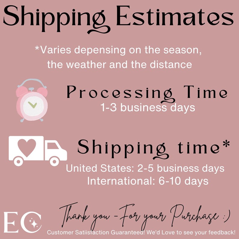 May include: A pink graphic with the text "Shipping Estimates" and details about processing and shipping times. Includes a clock icon and a truck icon with a heart. The text also says "Thank you - For your Purchase :)".