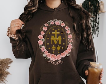 Felpa con cappuccio cattolica mariana Felpa con Vergine Maria Regali cattolici per le donne Maglione cattolico Maglietta con croce mariana Magliette religiose