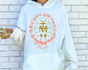 Felpa con cappuccio cattolica mariana Felpa con Vergine Maria Regali cattolici per le donne Maglione cattolico Maglietta con croce mariana Magliette religiose
