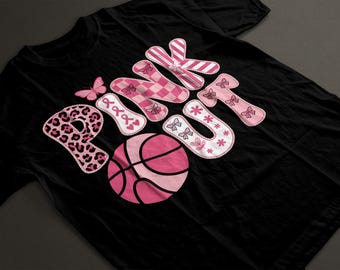 PinkOut Basketball Breast Cancer Awareness Graphic Design | Pink Ribbon Text Art | Women&#39;s Sports Printable PNG FILE