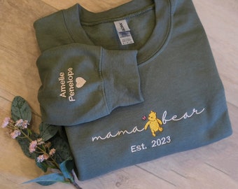 Embroidered Mama Bear pooh shirt, Custom Embroidered Sweatshirt for Mom, Mama EST , Custom Gift for Mom, Sleeve Embroidered Sweatshirt