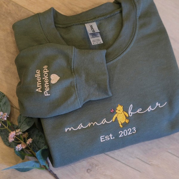 Embroidered Mama Bear pooh shirt, Custom Embroidered Sweatshirt for Mom, Mama EST , Custom Gift for Mom, Sleeve Embroidered Sweatshirt