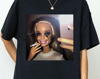 Funny Doll "Smoking" Meme Graphic T-Shirt, Women's Funny T-Shirt ,Tik Tok Trending Tee,Popular Tshirt Gen Z, Distressed Doll Face T-Shirt