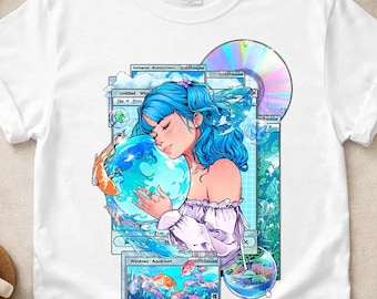 Frutiger Aero Girl T-Shirt, Retro Glitchcore Dreamcore, Vaporwave Tee, Aesthetic Y2K, Frugiter Aero, 2000s Webcore Nostalgia, Vaporwave Girl