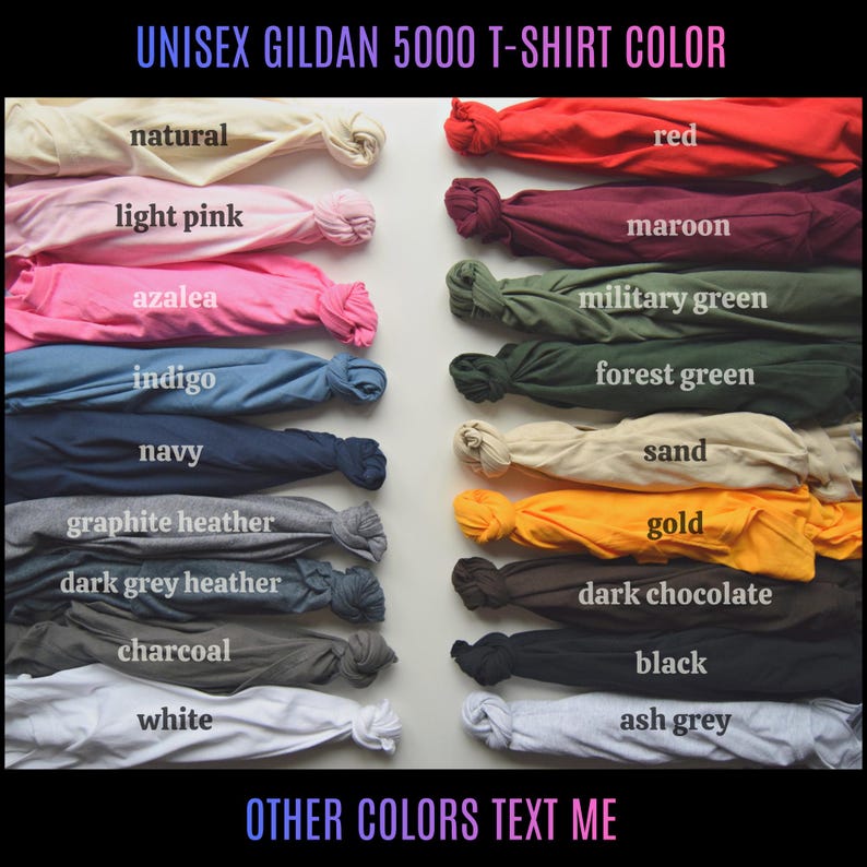 May include: A colour chart of Gildan 5000 unisex t-shirts. The image displays a variety of folded t-shirts in colours such as natural, light pink, azalea, indigo, navy, graphite heather, dark grey heather, charcoal, white, red, maroon, military green, forest green, sand, gold, dark chocolate, black, and ash grey.