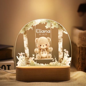 Luz de noche con forma de oso de dibujos animados, animales personalizados que se iluminan con nombre y fecha, placa acrílica para regalo de bebé recién nacido, regalo de bautizo, luz nocturna para bebé.