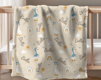 Personalized Watercolor Duck Goose Baby Blanket, Custom Baby Name Blanket, Farm Animal Nursery Blanket, Baby Shower Gift, Nursery Decor