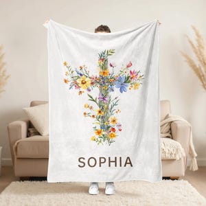 Personalized Baptism Baby Name Blanket, Baptism Christening Blanket for Girl Boy, Baby Blanket with Floral Cross, Baptism Floral Cross Gift