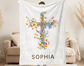 Personalized Baptism Baby Name Blanket, Baptism Christening Blanket for Girl Boy, Baby Blanket with Floral Cross, Baptism Floral Cross Gift