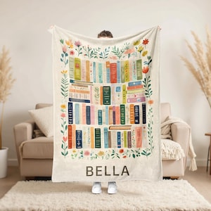 Vintage Library Blanket with Name,Boho Wildflowers Bookish Minky Blanket,Floral Book Gift,Retro Book Lover Gift For Reader Librarian Teacher