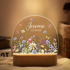 Personalisierte Blumen Acryl Nachtlicht, benutzerdefinierte Baby Name Lampe, Blumen Kinderzimmer Dekor, Farbe Blumen LED-Licht, Babypartygeschenk, Weihnachtsgeschenk