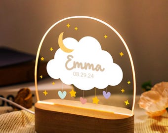 Color Cloud Moon Baby Night Light,Baby Name Acrylic Plaque Gift,LED Desk Table Lamp,Baby Shower Gifts,Baptism Gift Boy Newborn,Nursery decor