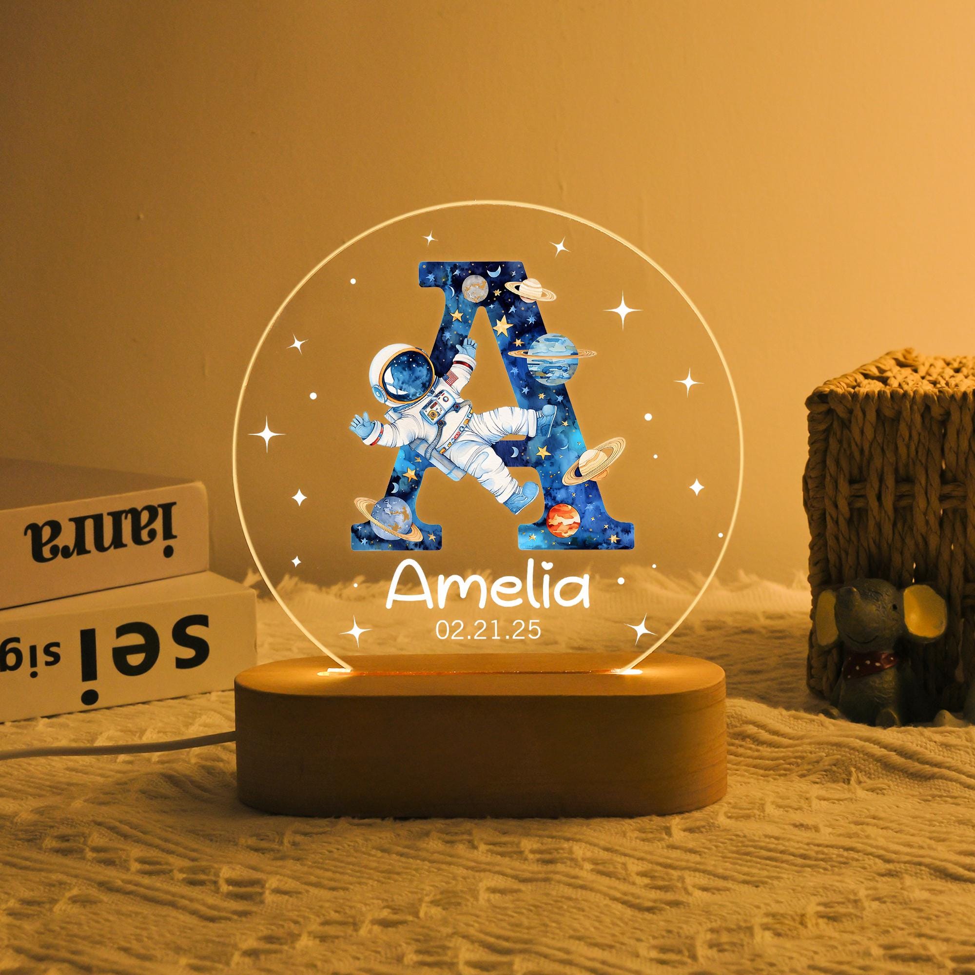 Personalized Children's Night Light, Astronaut Initial with Name/ Date Lamp, Christmas Gift, Baby Bedside Lamp, Nursery Decor, Table Light