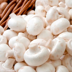 May include: A close-up shot of a pile of fresh, white button mushrooms. The mushrooms are tightly packed together, with their rounded caps and short stems visible. Some are in front of a brown woven basket.